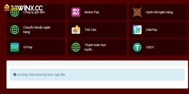 Các loại hình nạp tiền 33win phổ biến nhất 